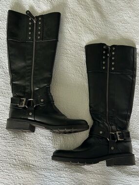 Guess Black Knee-High Buckle Riding Boots